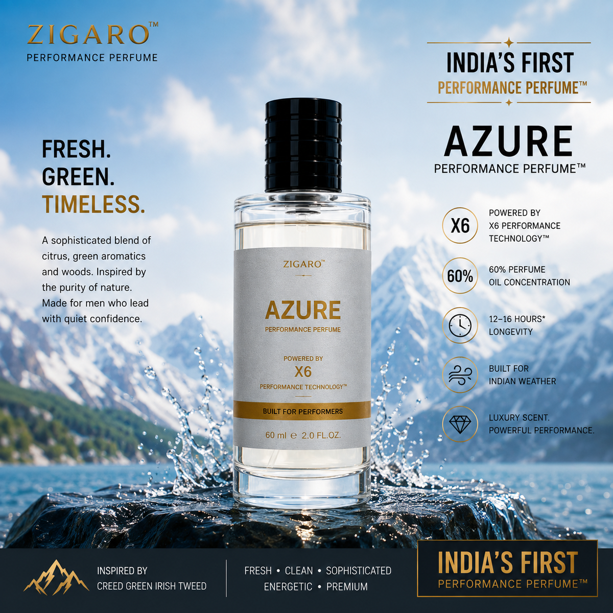 Zigaro™ AZURE Performance Perfume || Inspired From Creed Green Irish Tweed