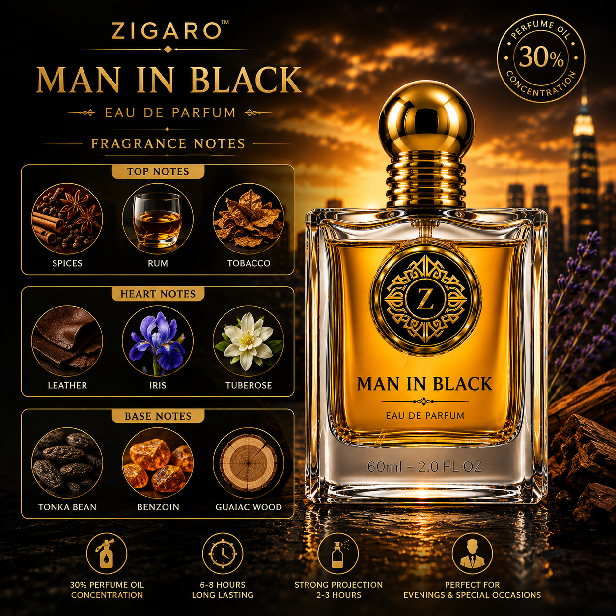 Zigaro Man in Black EDP || Intense Spicy Amber Eau de Parfum for Men