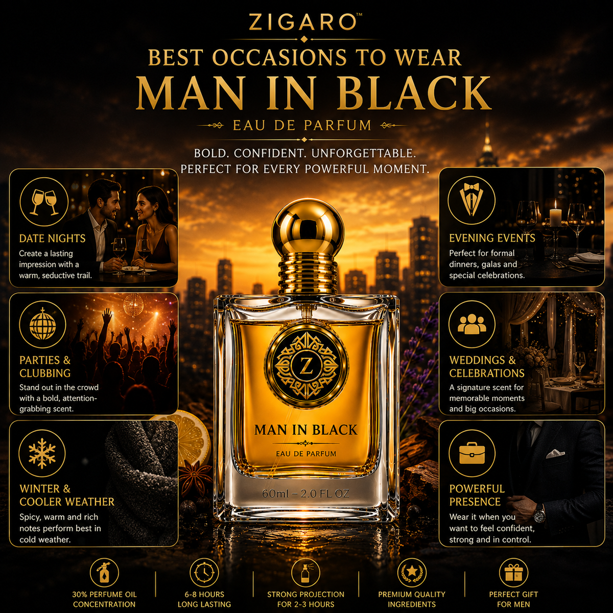 Zigaro Man in Black EDP || Intense Spicy Amber Eau de Parfum for Men