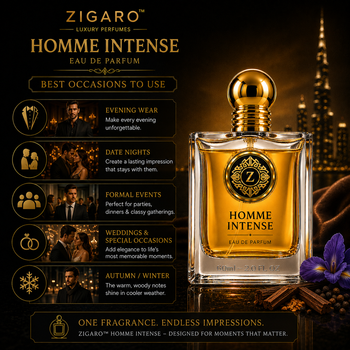Zigaro Homme Intense EDP || Powdery Iris Woody Eau de Parfum for Men