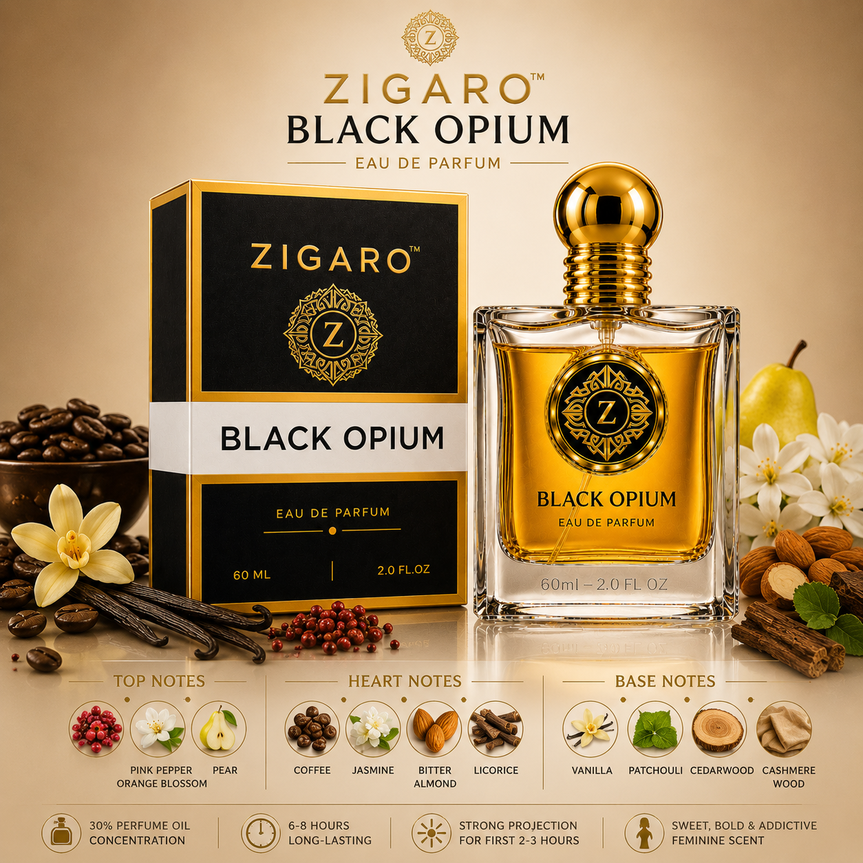 Zigaro Black Opium EDP || Sweet Coffee Floral Eau de Parfum for Women