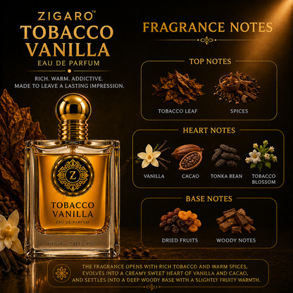 Zigaro Tobacco Vanilla EDP – Warm Spicy Tobacco Gourmand Eau de Parfum (Unisex)