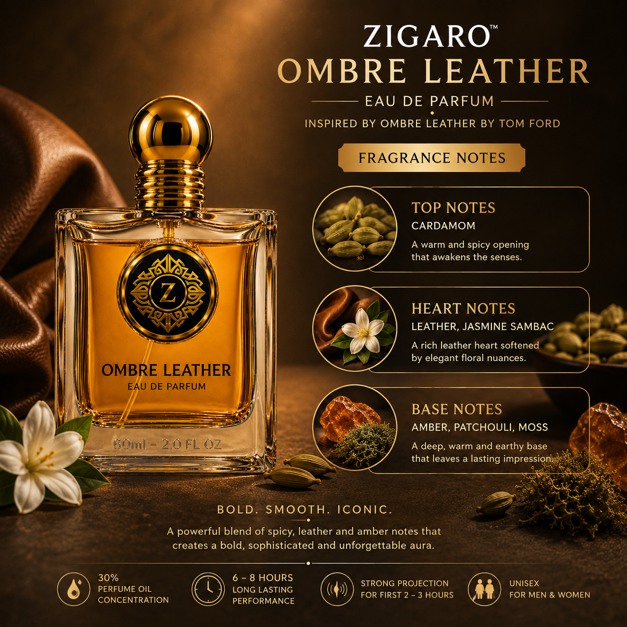 Zigaro Ombre Leather EDP – Rich Leather Amber Eau de Parfum (Unisex)