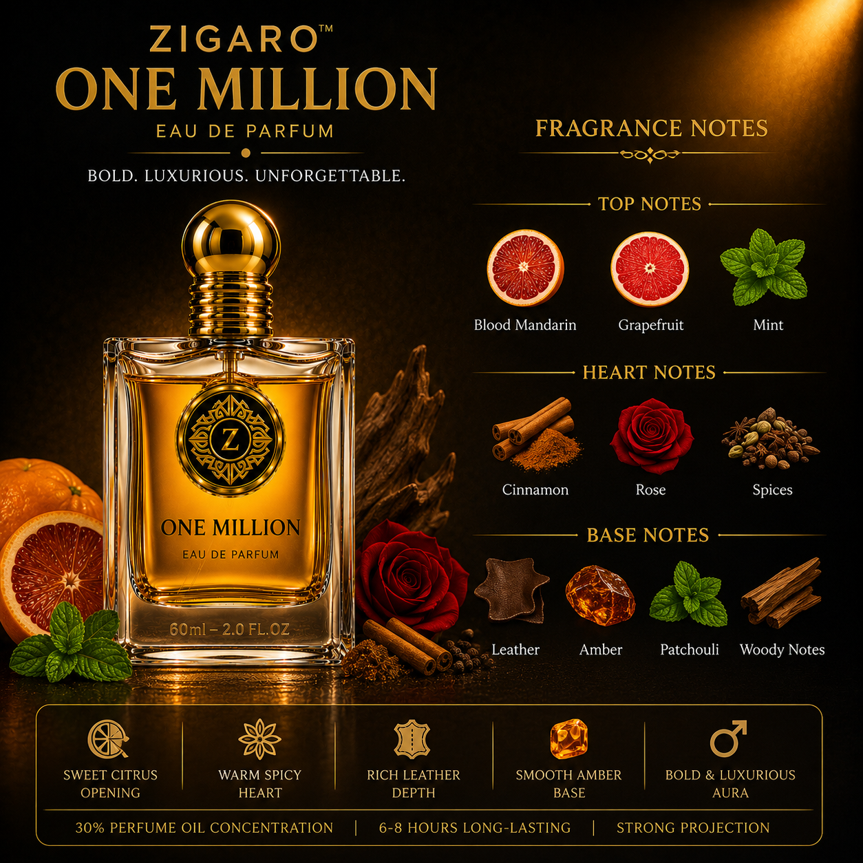 Zigaro One Million EDP – Sweet Spicy Leather Eau de Parfum for Men