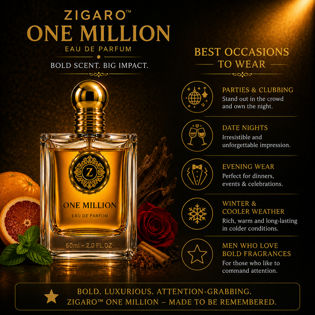 Zigaro One Million EDP – Sweet Spicy Leather Eau de Parfum for Men