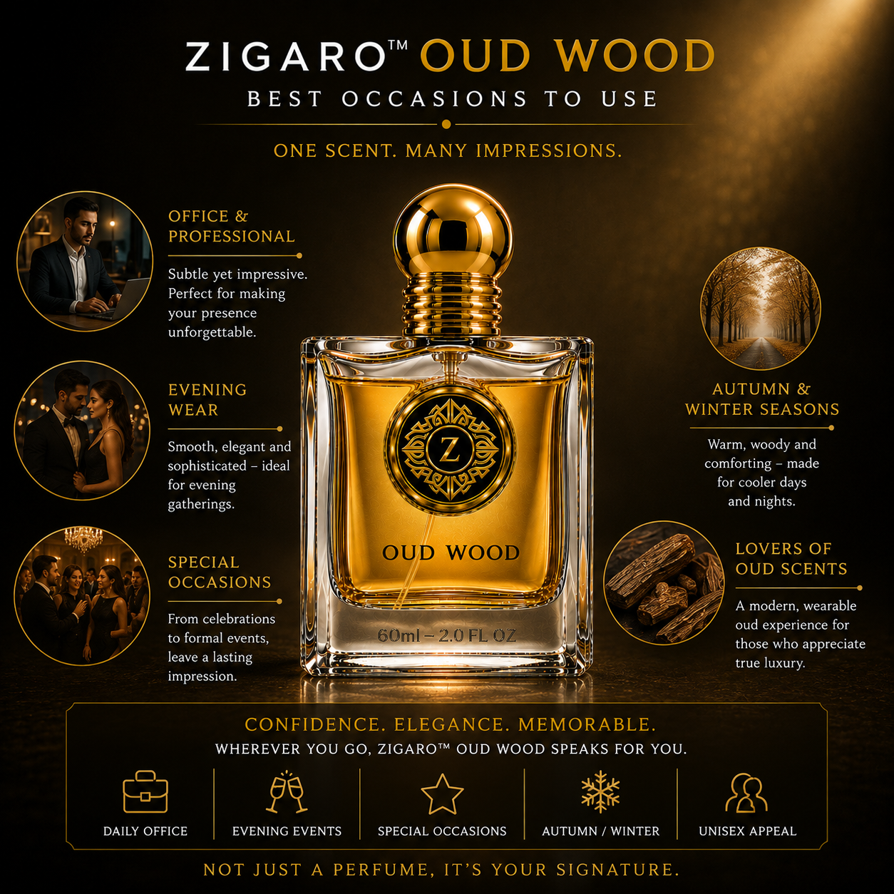 Zigaro Oud Wood EDP || Smooth Woody Oud Eau de Parfum (Unisex)
